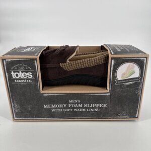 New TOTES Toasties Men's MEMORY FOAM SLIPPERS Brown Plaid Trim LARGE 9-10 Comfy